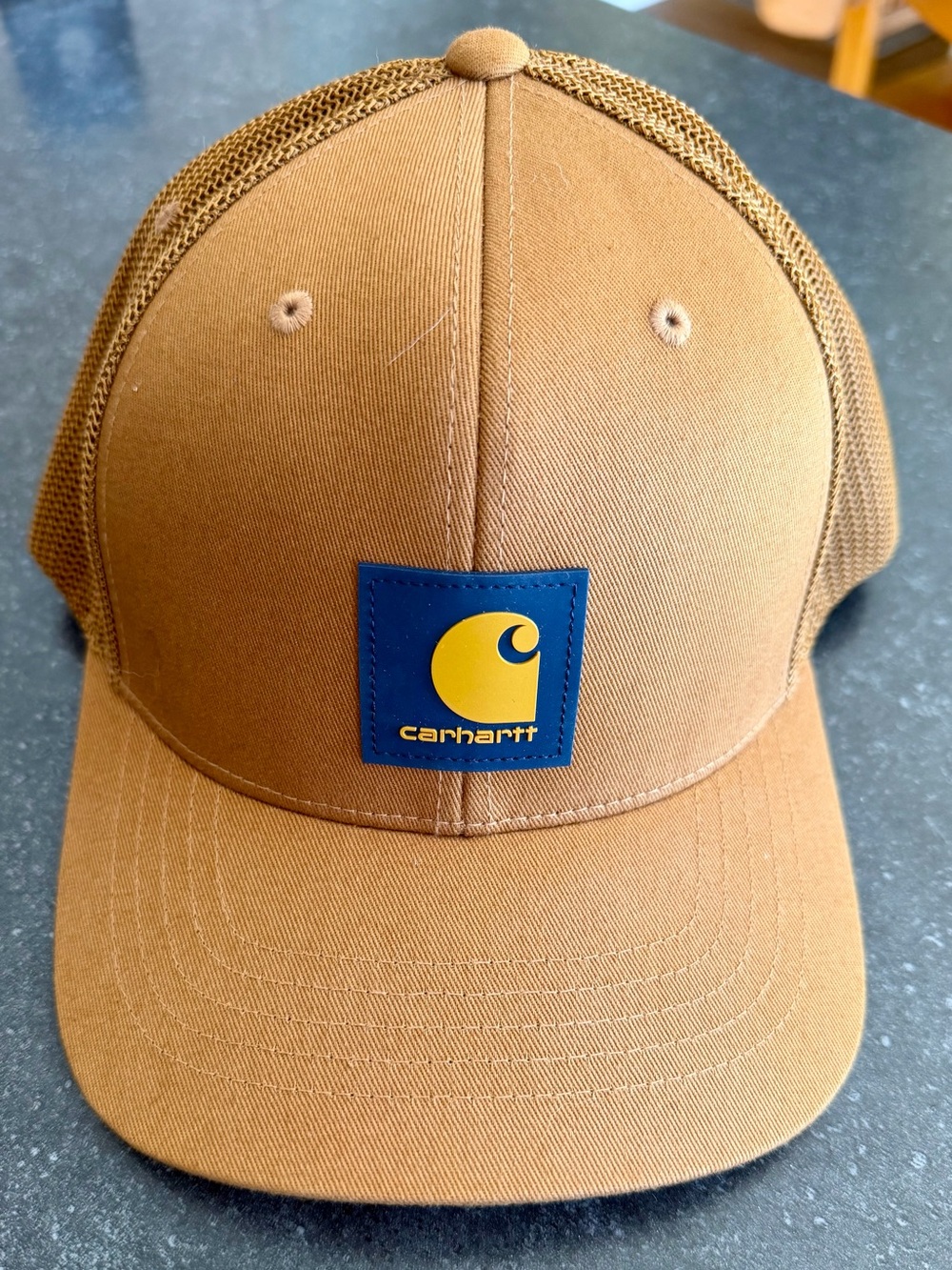 Carhartt Brown Mesh-Back Logo Trucker Hat with Yellow Accent
